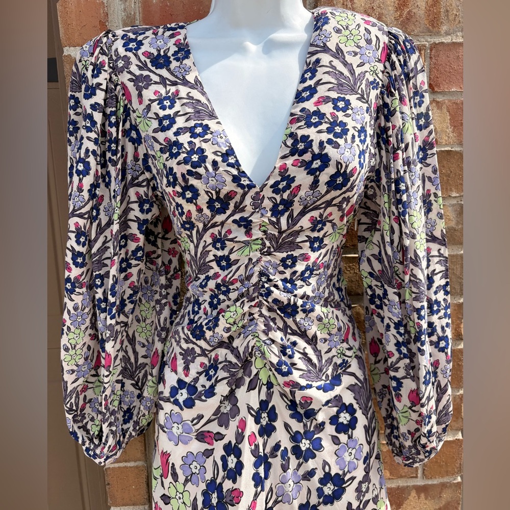 MARIA CHER RUCHED LONG SLEEVE MIDI DRESS FLORAL PRINT SIZE XS - Picture 5 of 9